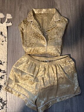 Gold cheetah print satin pajama short set